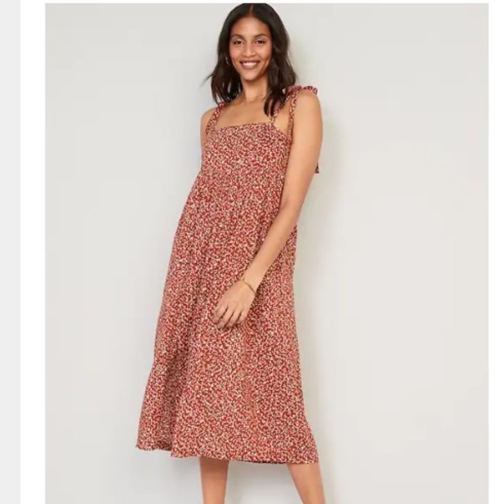 Tie-Shoulder Floral-Print Midi Dress